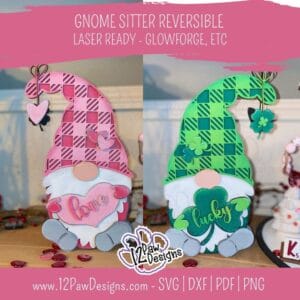 Gnome Sitter, Valentine Gnome, St Patrick Gnome, Glowforge, Laser Ready, Svg/Dxf/Png/Eps, Digital Download, Cut File