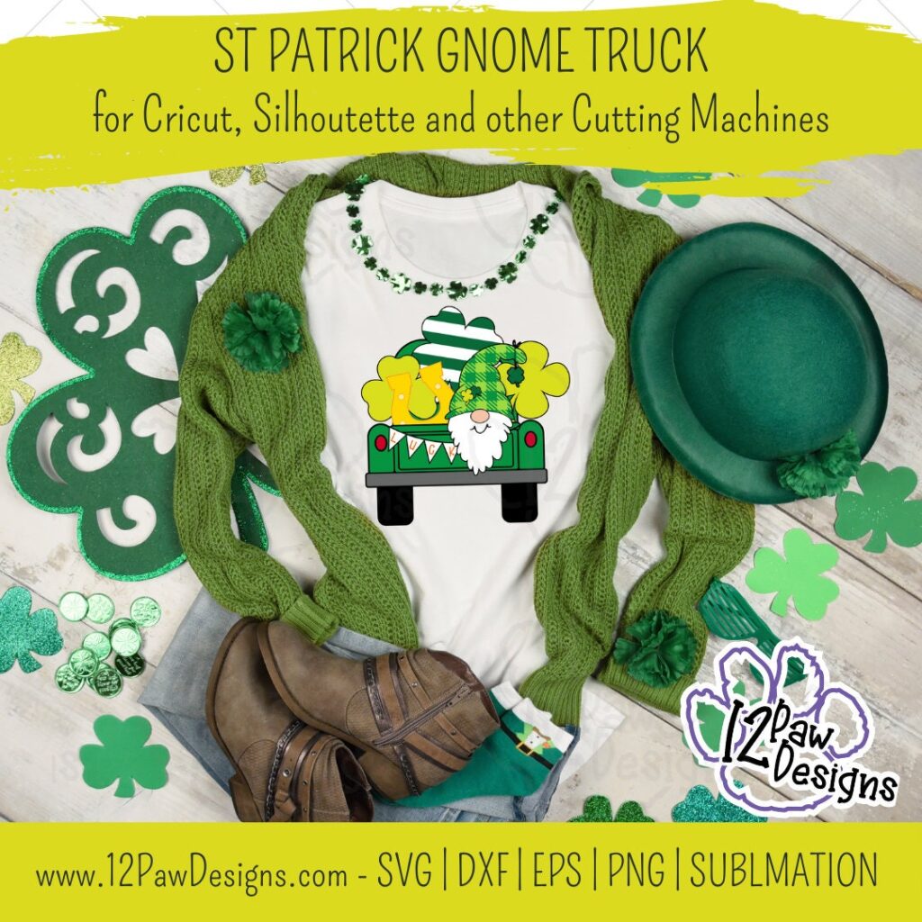 St Patrick Gnome Truck, Gnome Shamrock Truck, Lucky Clover, Cricut, Silhouette, Sublimation, Svg, Png, Digital Download, Cut File