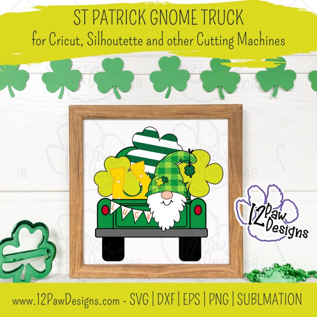 St Patrick Gnome Truck, Gnome Shamrock Truck, Lucky Clover, Cricut, Silhouette, Sublimation, Svg, Png, Digital Download, Cut File