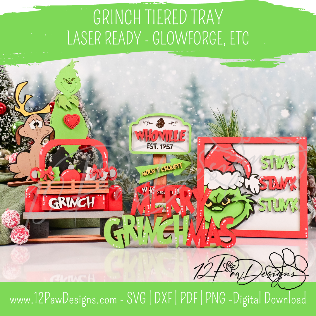 Grinch Tiered Tray, Christmas Decor, Grinch Tray, Tiered Tray, Glowforge, Max, Stink Stank, Laser, Svg/Pdf, Digital, Cut File