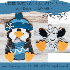Penguin Hanger with Snowflake Add on, Christmas Decor, Penguin Snowflake Add Door, Glowforge, Laser, Svg/Pdf, Digital, Cut File